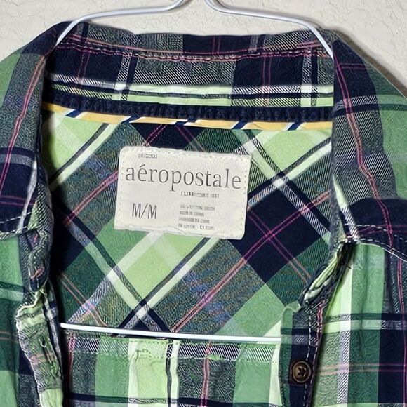 Aèropostale Women's Shirt Medium Green & Blue Plaid Long Sleeve Button Down Top - Picture 2 of 4